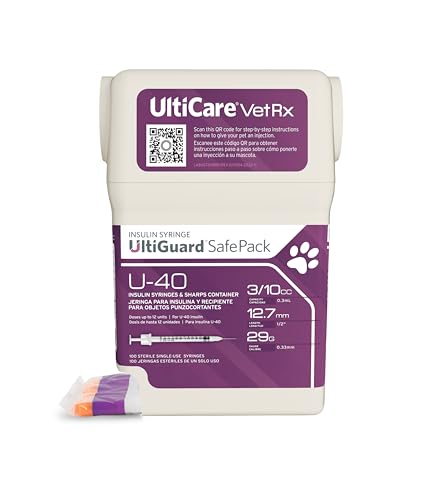 UltiCare VetRx U-40 UltiGuard Safe Pack Pet Insulin Syringes 3/10cc, 29G x 1/2", 100ct (W/o 1/2 Unit Markings)