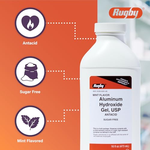 Rugby 320 mg Aluminum Hydroxide Gel, USP - Antacid Liquid - Upset Stomach, Acid Indigestion, and Heartburn Relief - Sugar-Free - Mint Flavored - 16 Fl. Oz. (2 Pack)