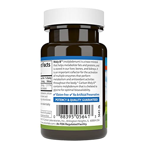 Carlson - Moly-B, Chelated Molybdenum, Metabolism Support, Enzyme Activation, 100 Vegetarian Tablets