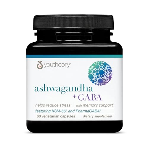 Youtheory Ashwagandha + GABA - Uses KSM-66-1,000 mg Ashwagandha & 100 mg GABA - Cortisol, Stress & Memory Support Supplement - 60 Vegetarian Capsules