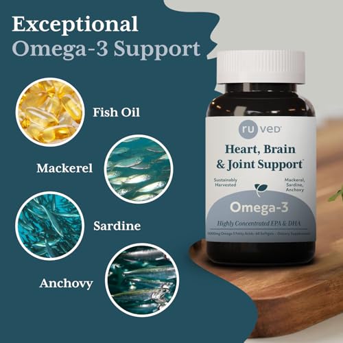 ruved 1000mg Omega-3, Pure and Potent Omega 3 for Daily Wellness, Essential Fatty Acids for Brain, Joint and Overall Health, 60 Softgels