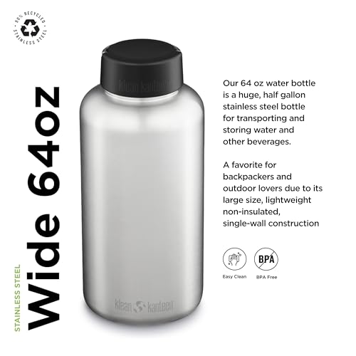 Klean Kanteen Wide Mouth Single Wall Stainless Steel Water Bottle (w/Wide Loop Cap) - 64oz - Brushed Stainless
