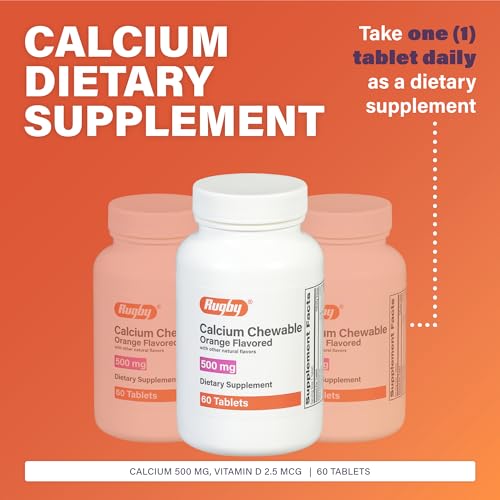 Rugby 500mg Calcium Chewable Tablets - Dietary Supplement - Orange Flavored - 60 Count