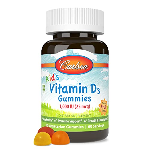 Carlson - Kid's Vitamin D3 Gummies, 1000 IU (25 mcg), Bone Health & Immune Support, Growth & Development, Vitamin D Gummies, D3 Gummy Vitamins, Natural Fruit Flavors, 60 Vegetarian Gummies