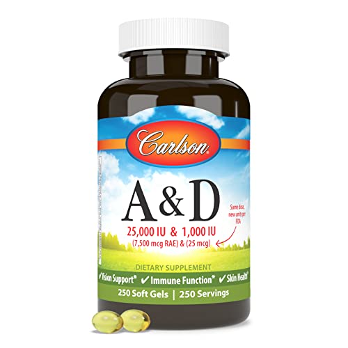Carlson - A & D, 25000 IU (7500 mcg RAE) Vitamin A, 1000 IU (25 mcg) Vitamin D, Vision Support, Skin Health, 250 Softgels