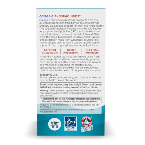 Nordic Naturals Omega-3 Phospholipids, Unflavored - 60 Soft Gels - 500 mg Omega-3 & 350 mg Phospholipids - Heart & Brain Health - Small, Easy-to-Swallow Soft Gels - Non-GMO - 30 Servings