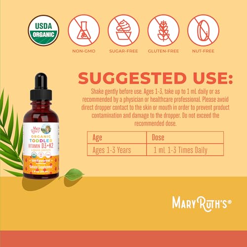 MaryRuth Organics Vitamin D3 | Vitamin K2 | Vitamin D3 K2 Drops | K2 D3 Vitamin Liquid Supplement for Toddlers | Kids Supplement for Calcium Absorption Strong Bones | Vegan | Gluten Free | 1 Fl Oz