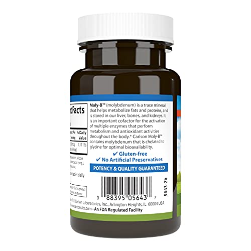 Carlson - Moly-B, Chelated Molybdenum Supplements, Metabolism Support & Enzyme Activation, Molybdenum Glycinate Chelate, 300 Vegetarian Tablets