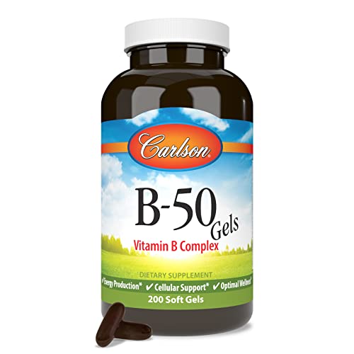 Carlson - B-50 Gels, Vitamin B Complex, Energy Production, Cellular Support & Optimal Wellness, 200 Softgels