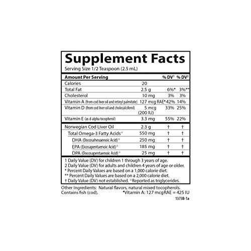 Carlson - Kid's Cod Liver Oil, 550 mg Omega-3s, Plus Vitamins A and D3, Liquid Fish Oil, Wild Caught Norwegian Arctic Cod, Sustainably Sourced Nordic Fish Oil, Green Apple, 250 mL (8.4 Fl Oz)
