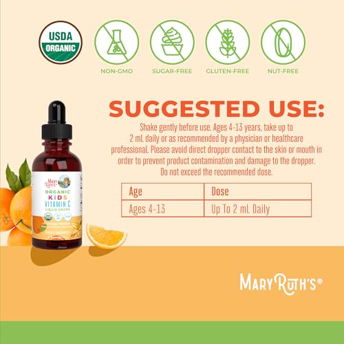 MaryRuth Organics USDA Kids Vitamin C Drops | Vegan Immune Support Supplement for Ages 4-13 | Immune Support & Overall Health | Vitamin C from Organic Acerola Fruit Extract | 2oz