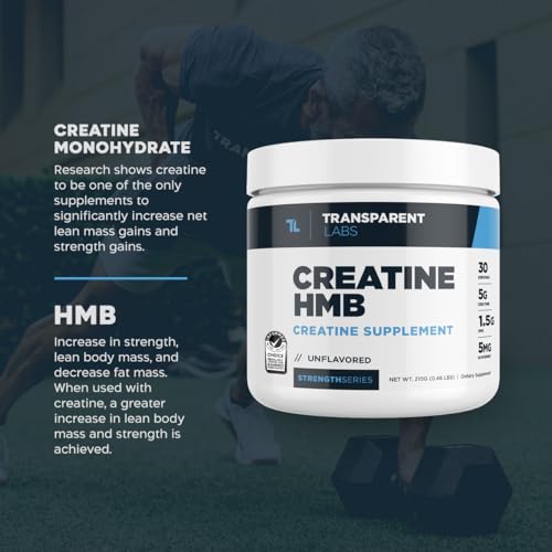 Transparent Labs Creatine HMB - Creatine Monohydrate Powder with HMB for Muscle Growth, Increased Strength, Enhanced Energy Output, and Improved Athletic Performance - 30 Servings, Unflavored