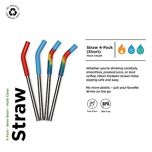 Klean Kanteen Short Recycled Stainless Steel Straw Set - Reusable Straw Set - Food Grade Silicone - Stainless Steel Straw - With Straw Cleaner Brush - 4 Pack Short Straws, Multicolor