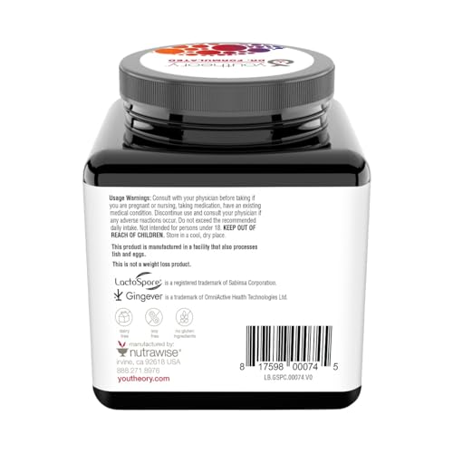 Youtheory 2X Action Probiotic - GLP-1 Support for Gut & Digestive Health* - Clinically Studied Probiotic - Prebiotic Fiber & Fast-Acting Ginger Extract - Gluten & Soy Free - 60 Vegetarian Capsules