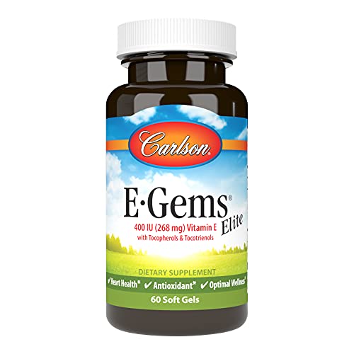 Carlson - E-Gems Elite, 400 IU Vitamin E with Tocopherols & Tocotrienols, Heart Health & Optimal Wellness, Antioxidant, 60 soft gels