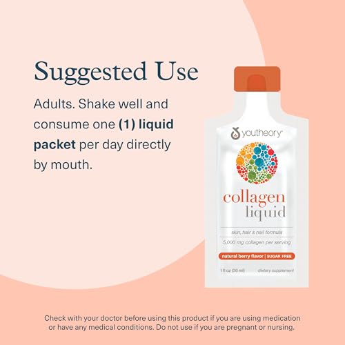 Youtheory Collagen Liquid - 5,000 mg Hydrolyzed Collagen - for Hair, Skin & Nails* - Sugar, Dairy & Soy Free - Berry Flavor - 12 Single Serving Packets