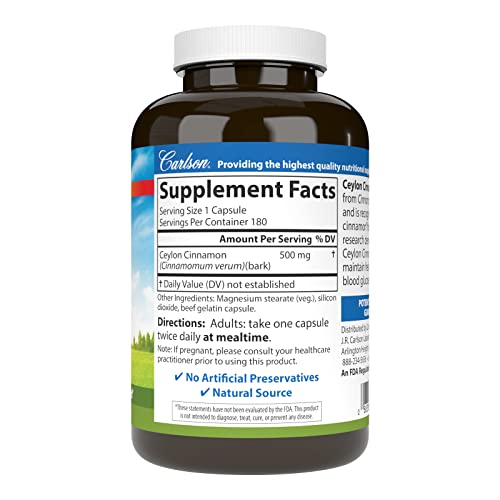 Carlson - Ceylon Cinnamon, Cinnamon Supplements, 500 mg, Cinnamon Extract Pills, Ceylon Cinnamon Capsules, 180 capsules