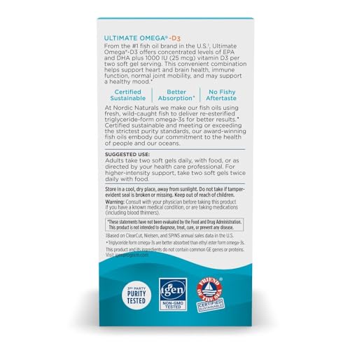 Nordic Naturals Ultimate Omega-D3, Lemon Flavor - 120 Soft Gels - 1280 mg Omega-3 + 1000 IU Vitamin D3 - EPA & DHA - Promotes Brain, Heart, & Immune Health - 60 Servings