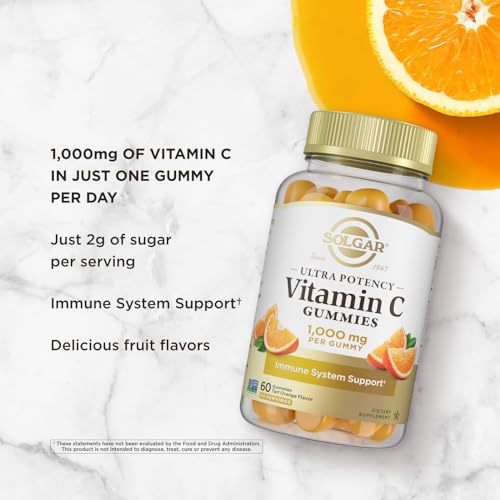 Solgar Vitamin C Gummies for Adults 1,000mg Ultra Potency Vitamin C Immune System Support for Women & Men - Tasty Tart Orange Flavor, Vegan & Gluten-Free Gummy, 2 Month Supply, 60 Servings, 2g Sugar