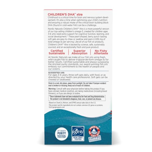 Nordic Naturals Children’s DHA Xtra, Berry Punch - 90 Mini Chewable Soft Gels for Kids - 636 mg Omega-3s EPA & DHA - Cognitive & Immune Function, Learning, Social Development - Non-GMO - 30 Servings