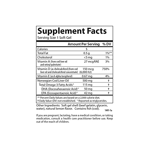 Carlson - Solar D Gems, Vitamin D3 and Omega-3 Supplement, 6000 IU (150 mcg) Vitamin D3, 115 mg Omega-3s EPA and DHA Supplement, Wild Caught, Sustainably Sourced, Lemon, 120 Softgels