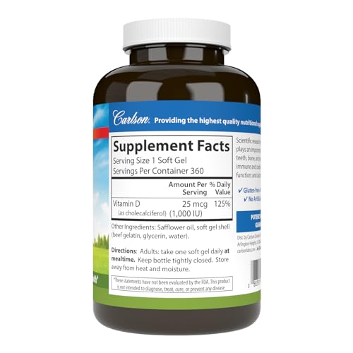 Carlson - Vitamin D3, 1000 IU (25 mcg), Bone Health, Muscle Health, Cholecalciferol, Vitamin D Supplements, Vitamin D3 Soft Gels, 360 Softgels