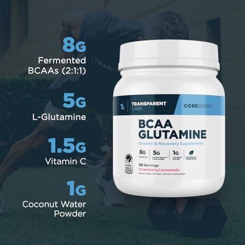 Transparent Labs BCAA Glutamine - 8000 Mg of BCAA Powder with L Glutamine for Post Workout Recovery, Muscle Growth, & Increased Endurance - 30 Servings, Strawberry Lemonade