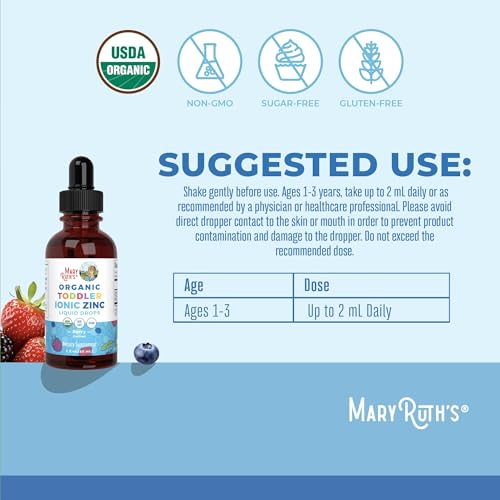 MaryRuth Organics USDA Toddler Liquid Drops | Zinc Sulfate | Immune Support Supplement| Skin Health | Vegan | Formulated for Ages 1-3 | Delicious Berry Flavor | 1 Month Supply | 2 Fl Oz