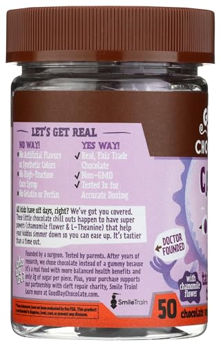 Good Day Chocolate Natural Calming Supplement for Kids, Blend of Camomile, L-Theanine, Fair Trade and Non-GMO Chocolate, 50 Pieces