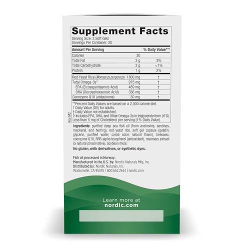 Nordic Naturals Cholesterol Support, Lemon - 60 Soft Gels - 975 Omega-3 + Red Yeast Rice & CoQ10 - Normal Cholesterol, Antioxidant Support - EPA & DHA - Non-GMO - 20 Servings