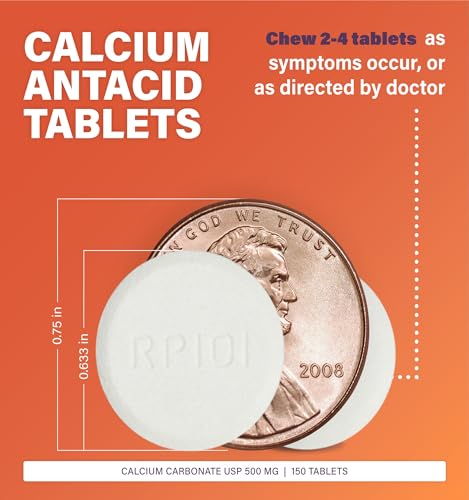 Rugby Regular Strength Antacid Chewable Tablets - Made with 500 mg of Calcium Carbonate - Peppermint Flavor - 150 Count