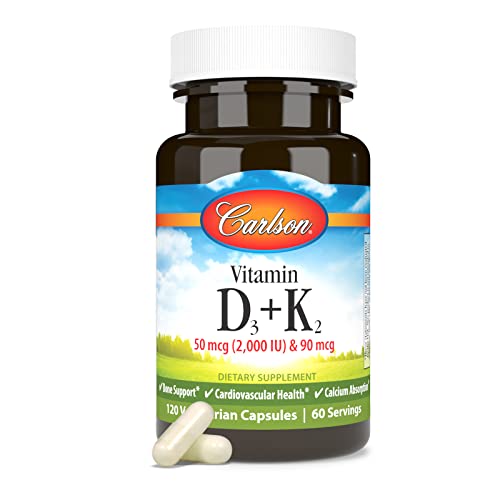 Carlson - Vitamin D3 + K2, 50 mcg (2000 IU) Vitamin D3 & 90 mcg Vitamin K2 as MK7, Bone Support, Calcium Absorption, 120 Capsules