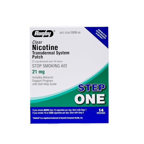 Rugby Clear Nicotine Patches - Transdermal System Patch - Smoking or Vaping Quitting Aid - Step 1-21mg - 14 Count (1 Pack)