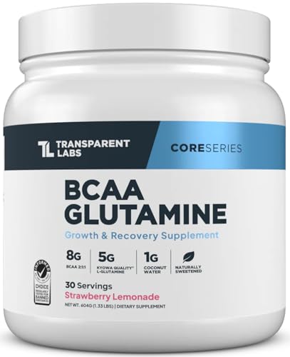 Transparent Labs BCAA Glutamine - 8000 Mg of BCAA Powder with L Glutamine for Post Workout Recovery, Muscle Growth, & Increased Endurance - 30 Servings, Strawberry Lemonade