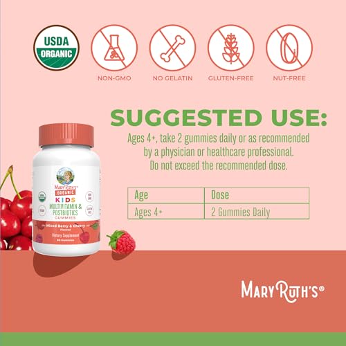 MaryRuth Organics Kids Vitamins | USDA Organic | Multivitamin Gummies + Postbiotics for Ages 4+ | Lactobacillus Rhamnosus | Vegan | Non-GMO | 60 Count