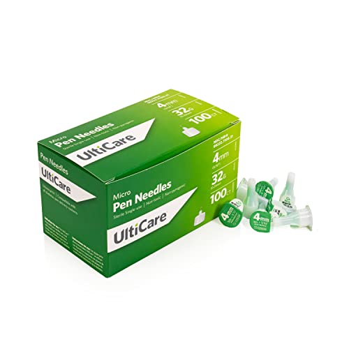 UltiCare Pen Needles 4mm (5/32”) x 32G Micro, 100 Count: for at-Home Insulin Injections, Compatible with Most Pen Injector Devices