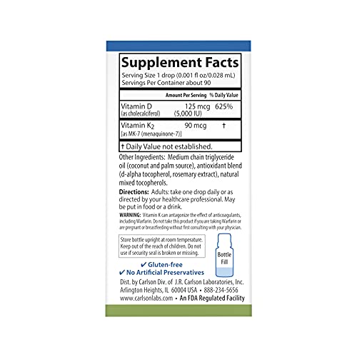 Carlson - Super Daily D3 + K2, 125 mcg (5000 IU) Vitamin D3, 90 mcg Vitamin K2 as MK-7, Bone Support, 90 Liquid Drops (2.54 mL)