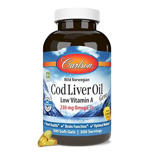 Carlson - Cod Liver Oil Gems, Low Vitamin A, 230 mg Omega-3s, Norwegian, Wild Caught, Sustainably Sourced, 300 Softgels