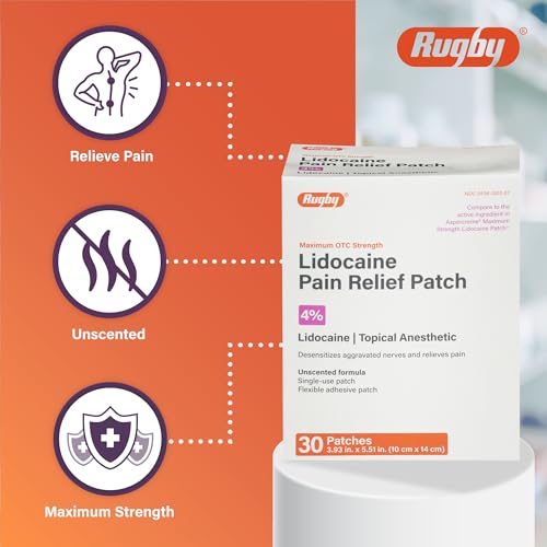 Rugby Maximum Strength Lidocaine Pain Relief Patch - 4% Lidocaine - Topical Anesthetic - Unscented - 30 Patches (1 Pack)