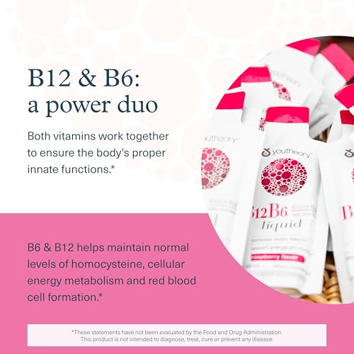 Youtheory Vitamin B12 B6, Daily Energy and Brain Support Supplement, Liquid Raspberry Flavor, 12  1oz Single Serving Packets
