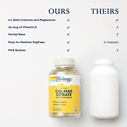 SOLARAY Calcium & Magnesium Citrate 2:1 Ratio w/Vitamin D-3, Healthy Bones, Muscle & Nervous System Support, High Absorption 180 Capsules