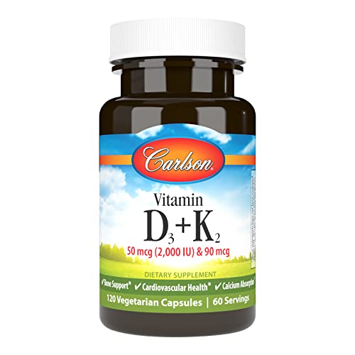 Carlson - Vitamin D3 + K2, 50 mcg (2000 IU) Vitamin D3 & 90 mcg Vitamin K2 as MK7, Bone Support, Calcium Absorption, 120 Capsules