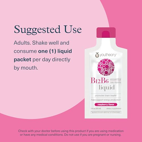 Youtheory Vitamin B12 B6, Daily Energy and Brain Support Supplement, Liquid Raspberry Flavor, 12  1oz Single Serving Packets