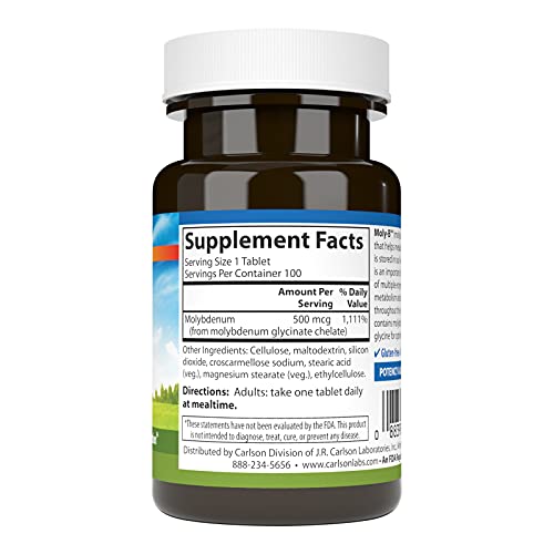 Carlson - Moly-B, Chelated Molybdenum, Metabolism Support, Enzyme Activation, 100 Vegetarian Tablets
