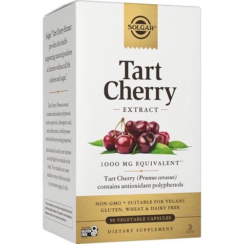 Solgar Tart Cherry 1000 mg, 90 Vegetable Capsules - Antioxidant with Quercetin, Chlorogenic Acid & Anthocyanins Compounds - Non GMO, Vegan, Gluten Free, Dairy Free - 90 Servings, Cherry, Standard Packaging