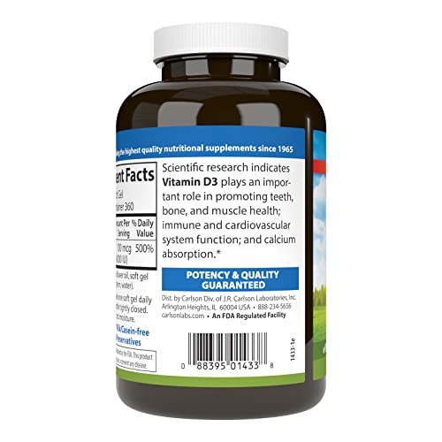 Carlson - Vitamin D3 4000 IU (100 mcg), Immune Support, Bone Health, Muscle Health, Cholecalciferol, Vitamin D Supplements, Vitamin D3 Soft Gels, 360 Softgels