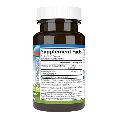 Carlson - Vitamin D3 + K2, 50 mcg (2000 IU) Vitamin D3 & 90 mcg Vitamin K2 as MK7, Bone Support, Calcium Absorption, 120 Capsules