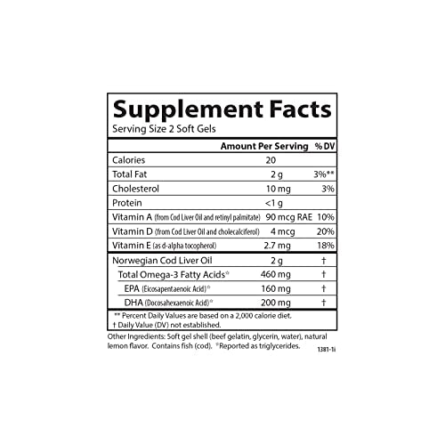 Carlson - Cod Liver Oil Gems, 460 mg Omega-3s, Plus Vitamins A and D3, Wild Caught Norwegian Arctic Cod Liver Oil, Sustainably Sourced Nordic Fish Oil Capsules, Lemon, 150 Softgels