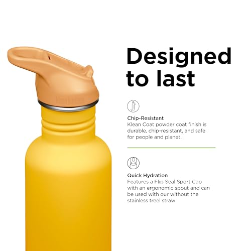 Klean Kanteen 27 oz Classic Water Bottle with Flip Seal Sport Cap & Straw - 100% Leakproof Spout & Cap - Durable, BPA-Free & Stainless Steel Material - Easy-Sip Water Bottle - Sunset