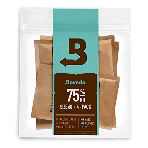 Boveda 75% Two-Way Humidity Control Packs Fix Major Moisture Loss in Non-Plastic Humidifier Boxes – Size 60 – 4 Pack – Moisture Absorbers – Humidifier Packs – Hydration Packets in Resealable Bag